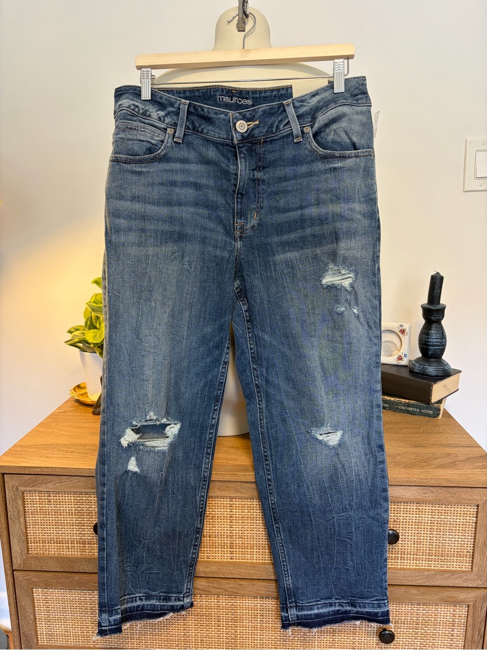 NWT Maurices Boyfriend Crop Jeans 14W Distressed Medium Wash Stretch